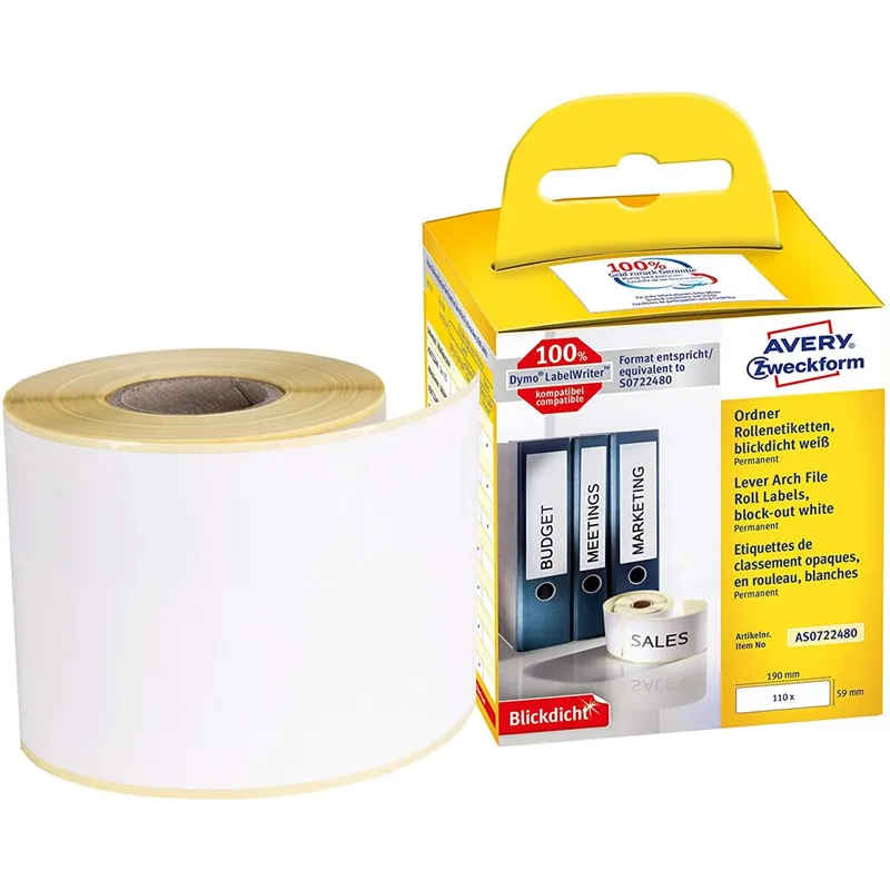 AVERY Zweckform AS0722480 Ordneretiketten selbstklebend, 110 Aufkleber (59 x 190 mm, Kompatibel mit Dymo LabelWriter, entspricht S0722480/99019, permanent haftend) 1 Rolle weiß