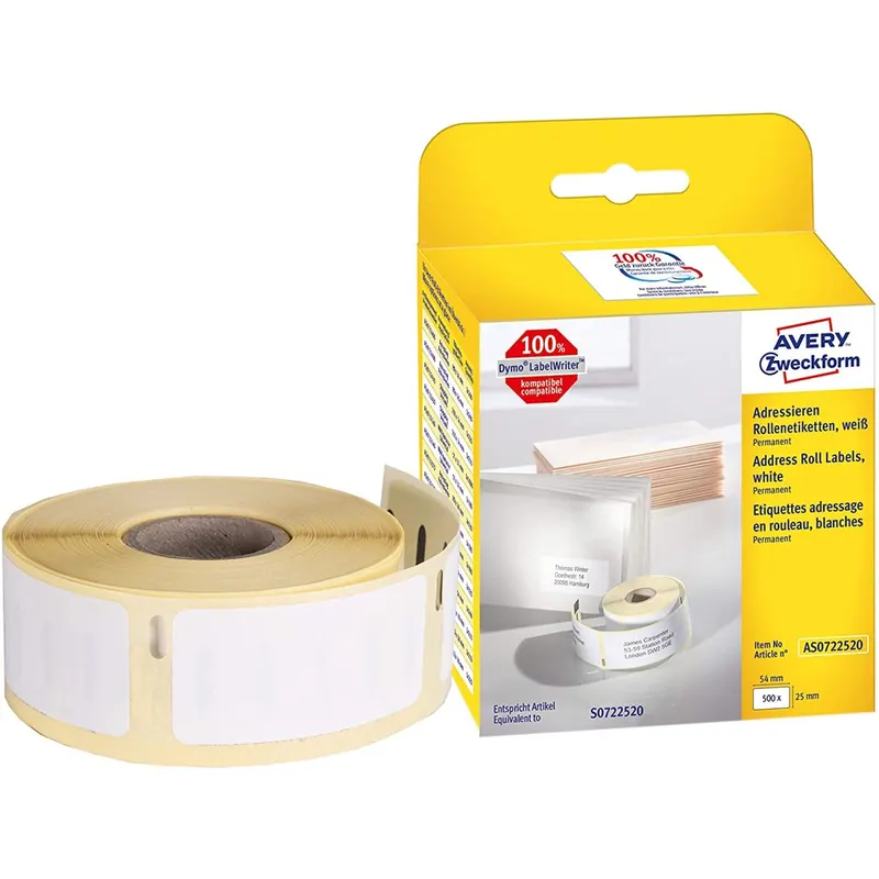 AVERY Zweckform AS0722520 Adressetiketten selbstklebend, 500 Aufkleber (25 x 54 mm, Kompatibel mit Dymo LabelWriter, entspricht S0722520/11352, permanent haftend) 1 Rolle weiß