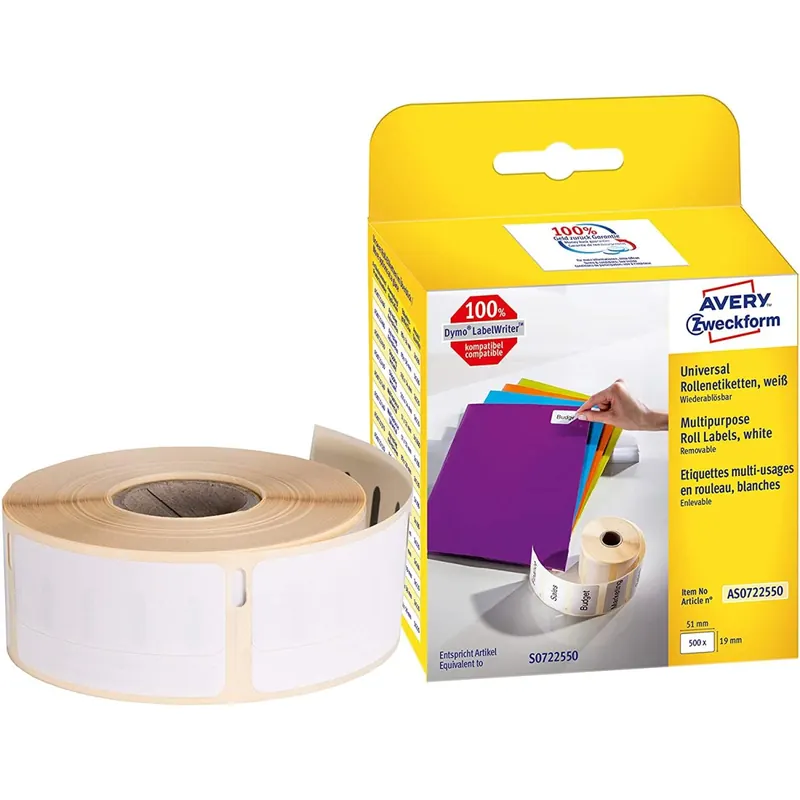AVERY Zweckform AS0722550 Universaletiketten selbstklebend, 500 Aufkleber (19 x 51 mm, Kompatibel mit Dymo LabelWriter S0722550/11355, wiederablösbar) 1 Rolle weiß