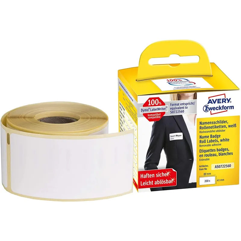 AVERY Zweckform AS0722560 Namensetiketten selbstklebend, 200 Namensaufkleber (41 x 89 mm, Kompatibel mit Dymo LabelWriter, entspricht S0722560/11356, permanent haftend) 1 Rolle weiß