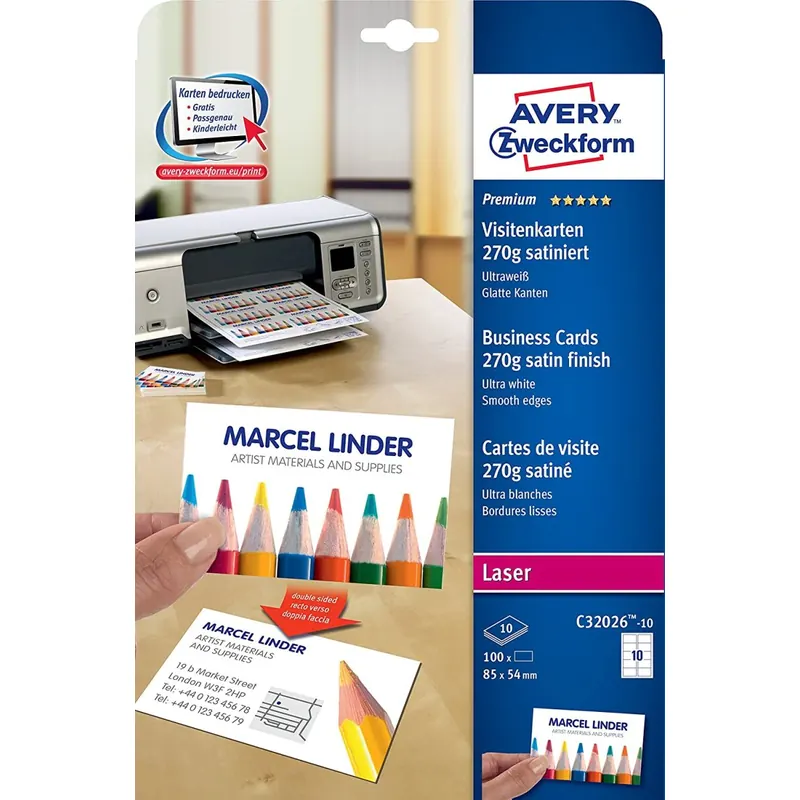 AVERY Zweckform C32026-10 Premium Visitenkarten, blanko (100 Stück, 270g, 85x54 mm, beidseitig bedruckbar, satiniert ultraweiß, absolut glatte Kanten, 10 Blatt) zum Selbstbedrucken auf Laser-Druckern