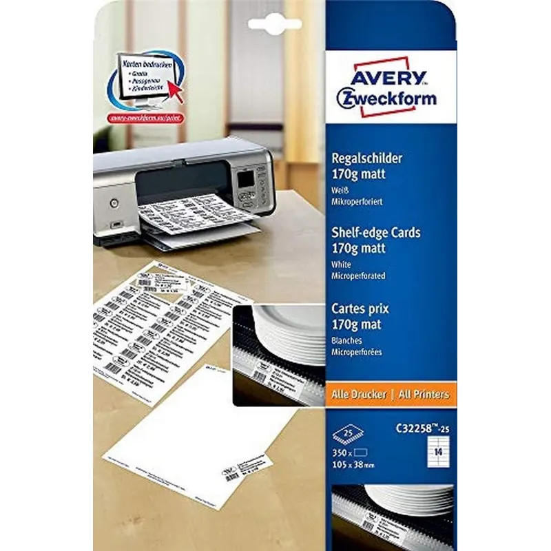AVERY Zweckform C32258-25 Regalschilder (blanko, beidseitig bedruckbar, matt weiß, extra feine Mikroperforation, 25 Blatt) zum Selbstbedrucken auf allen Druckern
