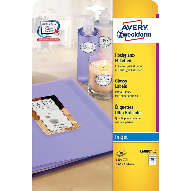 AVERY Zweckform C6080-10 Hochglanz-Etiketten (63,5x46,6mm auf DIN A4, bedruckbar mit Inkjetdrucker, selbstklebend,hochglänzendes Papier zur Produktkennzeichnung) 150 Glossy Aufkleber auf 10 Blatt weiß