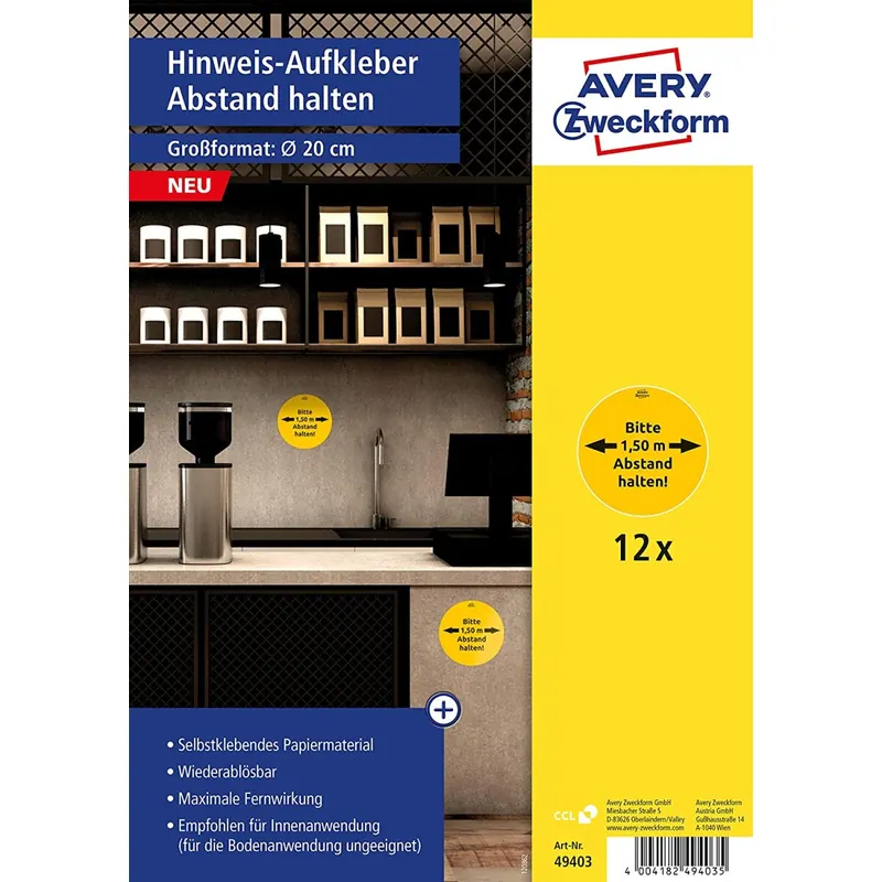 AVERY Zweckform Hinweis Aufkleber Abstand halten (ø20 cm, 12 Warnschilder, Abstands- und Hygieneregeln Bitte 1,5 m Abstand halten, Erinnerung an Mindestabstand) 49403