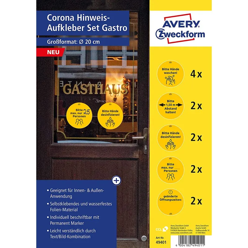 AVERY Zweckform Hinweis Aufkleber Gastronomie (ø20 cm, 12 Warnschilder, Hände waschen, Abstand halten, Mundschutz tragen, Hände desinfizieren, max. Anzahl Personen, Öffnungszeiten) 49401
