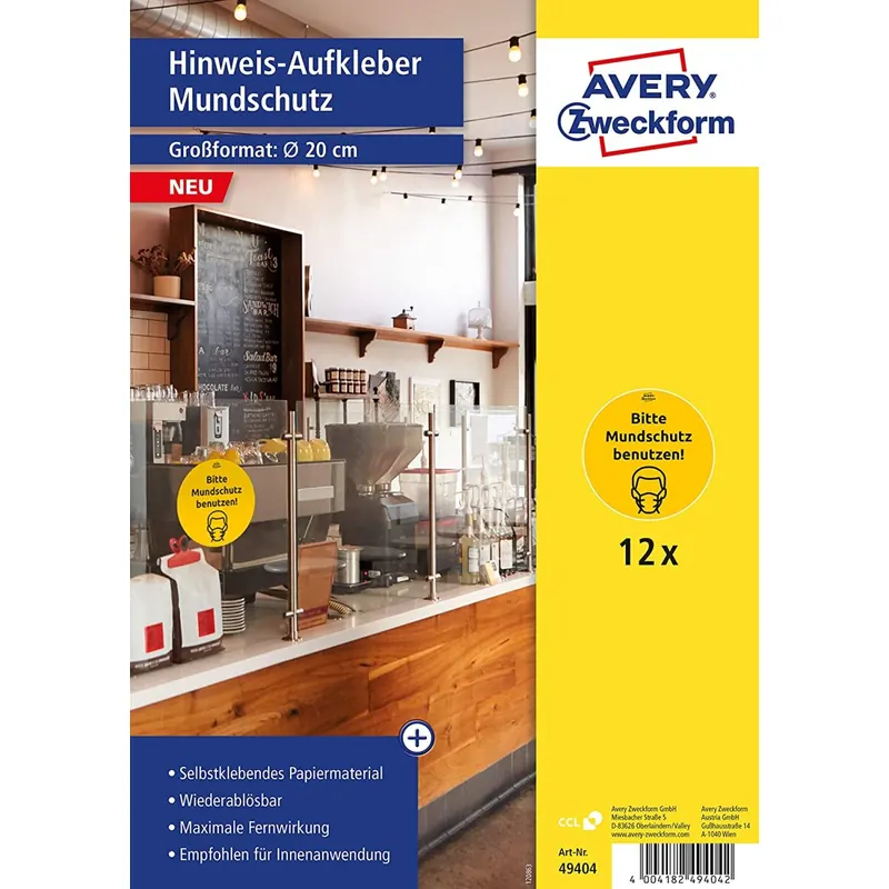 AVERY Zweckform Hinweis Aufkleber Mundschutz (ø20 cm, 12 Warnschilder, Hygieneregeln Bitte Mundschutz tragen, Erinnerung an Maskenpflicht, Nasen-Mund-Schutz) 49404