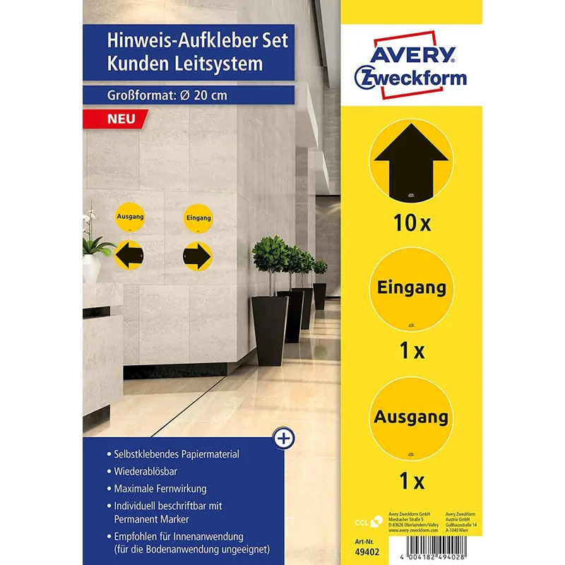AVERY Zweckform Hinweis Aufkleber Pfeile (ø20 cm, 12 Warnschilder, je 1x Hinweisschild Eingang und Ausgang sowie 10x Richtungspfeile für Handel, Gastro, Firma) 49402