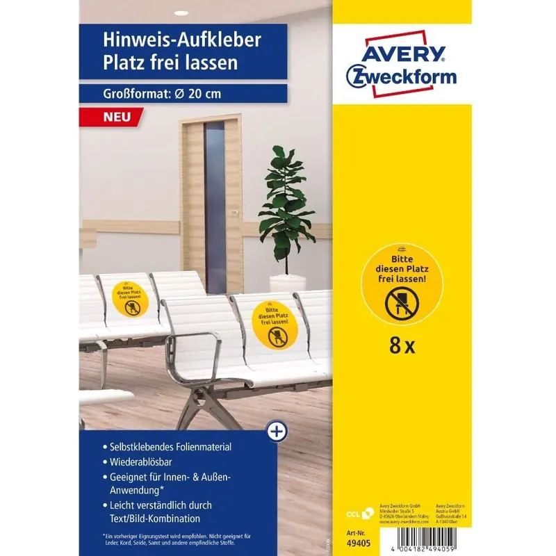 AVERY Zweckform Hinweis Aufkleber Platz frei lassen (ø20 cm, 8 Warnschilder, Abstands- und Hygieneregeln, Erinnerung an Mindestabstand, Schutzauflagen) 49405