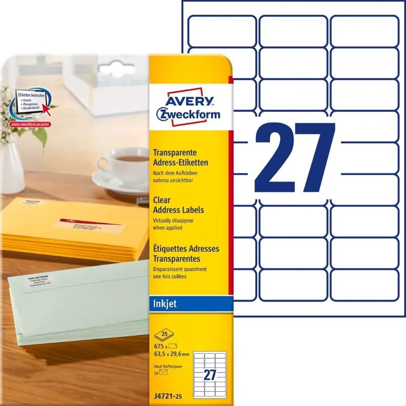 AVERY Zweckform J4721-25 Adressetiketten/Adressaufkleber (675 Etiketten, 63,5x29,6mm auf A4, bedruckbar, selbstklebend, für DIN C6 Briefkuverts, Polyesterfolie, Inkjet-Drucker) 25 Blatt, transparent