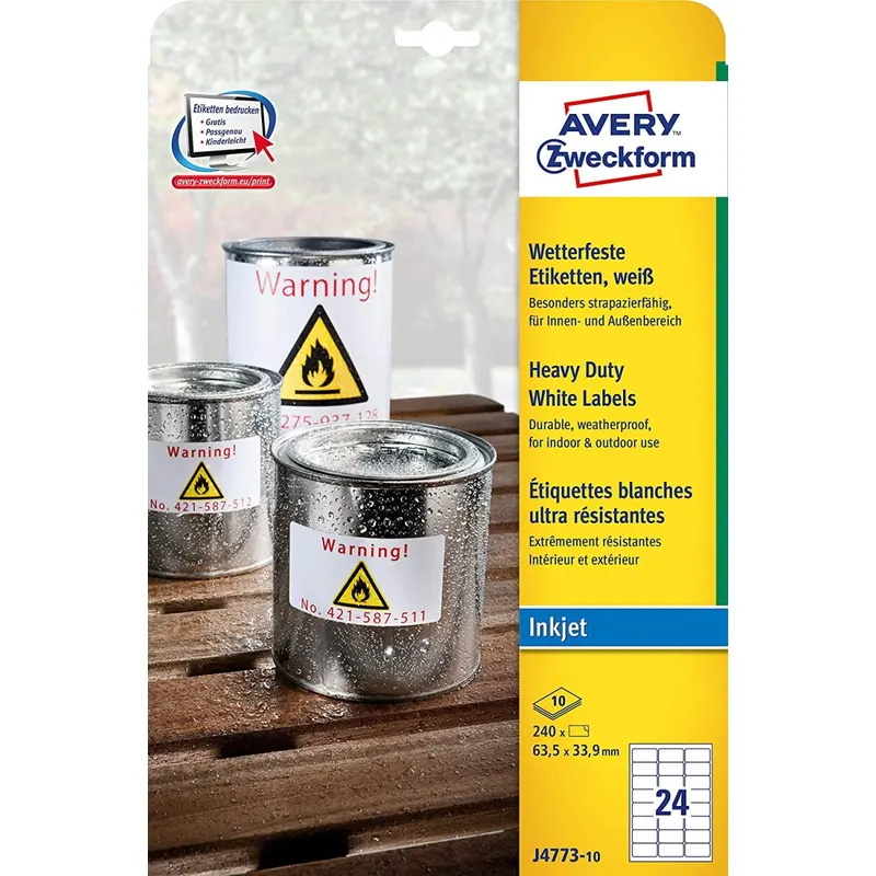 AVERY Zweckform J4773-10 Wetterfeste Folienetiketten (63,5x33,9 mm auf DIN A4, Inkjet, extrem stark selbstklebend, bedruckbare Outdoor Klebefolie) 240 Aufkleber auf 10 Blatt weiß