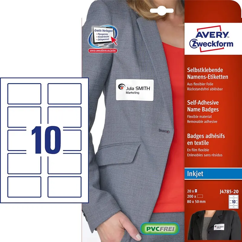AVERY Zweckform J4785-20 Namensetiketten (80x50 mm auf DIN A4, selbstklebend, bedruckbare Namensaufkleber für Inkjetdrucker, rückstandsfrei ablösbar, 200 Textiletiketten auf 20 Blatt) weiß