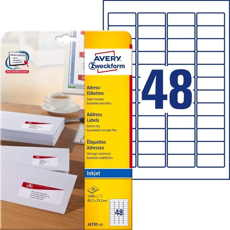 AVERY Zweckform J4791-25 Adressetiketten/Adressaufkleber (1.200 Etiketten, 45,7x21,2mm auf A4, bedruckbar, selbstklebend, für Absenderetiketten, Papier matt, Inkjet-Drucker) 25 Blatt, weiß
