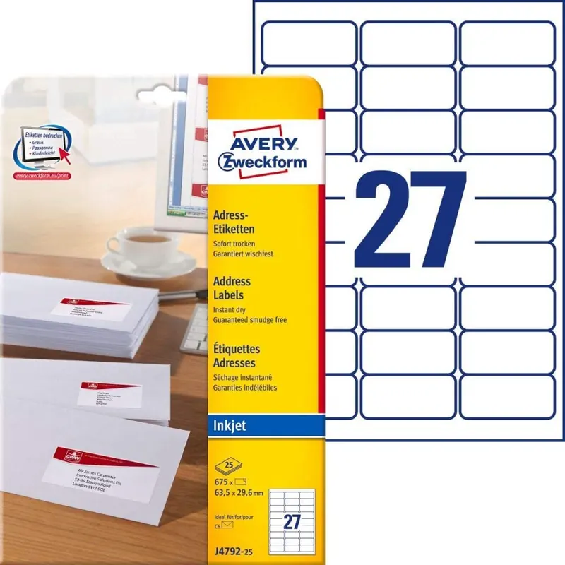 AVERY Zweckform J4792-25 Adressetiketten/Adressaufkleber (675 Etiketten, 63,5x29,6mm auf A4, bedruckbar, selbstklebend, für DIN B6/C6 Briefkuverts, Papier matt, Inkjet-Drucker) 25 Blatt, weiß