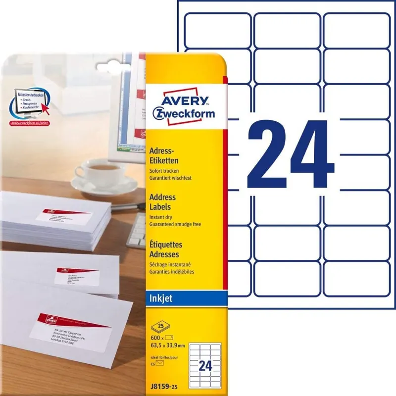 AVERY Zweckform J8159-25 Adressetiketten/Adressaufkleber (600 Etiketten, 63,5x33,9mm auf A4, bedruckbar, selbstklebend, für DIN B6/C6 Briefkuverts, Papier matt, Inkjet-Drucker) 25 Blatt, weiß