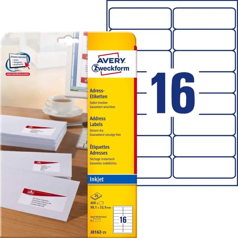 AVERY Zweckform J8162-25 Adressetiketten/Adressaufkleber (400 Etiketten, 99,1x33,9mm auf A4, bedruckbar, selbstklebend, für DIN lang Briefkuverts, Papier matt, Inkjet-Drucker) 25 Blatt, weiß