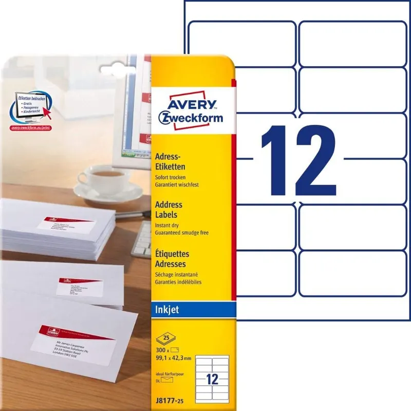 AVERY Zweckform J8177-25 Adressetiketten/Adressaufkleber (300 Etiketten, 99,1x42,3mm auf A4, bedruckbar, selbstklebend, für DIN lang Briefkuverts, Papier matt, Inkjet-Drucker) 25 Blatt, weiß