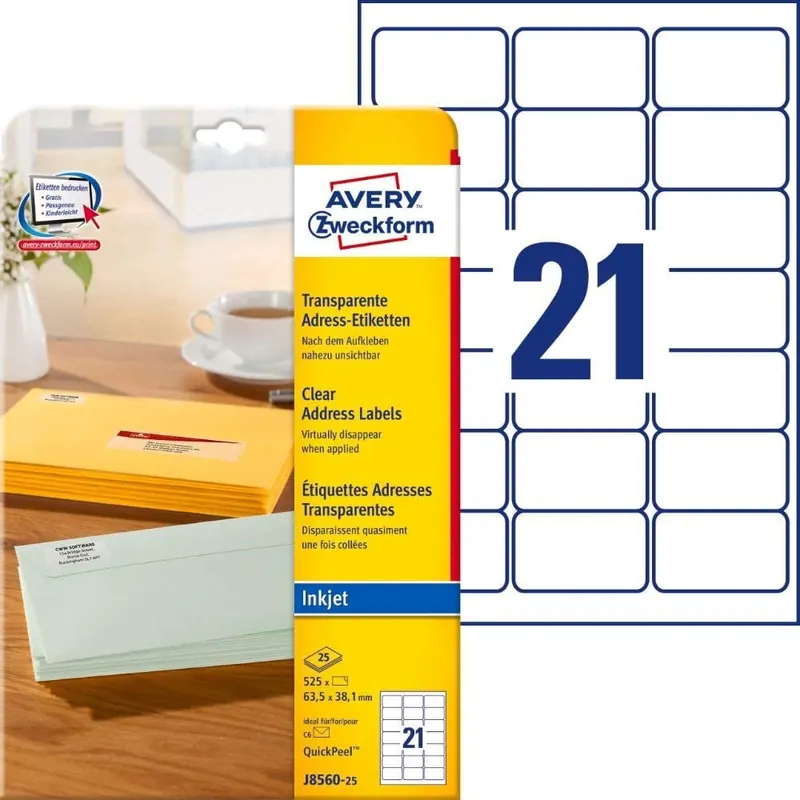 AVERY Zweckform J8560-25 Adressetiketten/Adressaufkleber (525 Etiketten, 63,5x38,1mm auf A4, bedruckbar, selbstklebend, für DIN B6/C6 Briefkuverts, Polyesterfolie, Inkjet-Drucker) 25Blatt, transparent