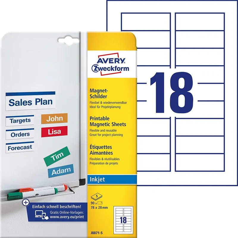 AVERY Zweckform J8871-5 Magnet-Schilder (90 Magneten, 78 x 28 mm auf DIN A4, spezialbeschichtet, bedruckbar, magnetische Haftung auf bspw. White Boards und Metalltafeln, Inkjet-Drucker) 5 Blatt, weiß