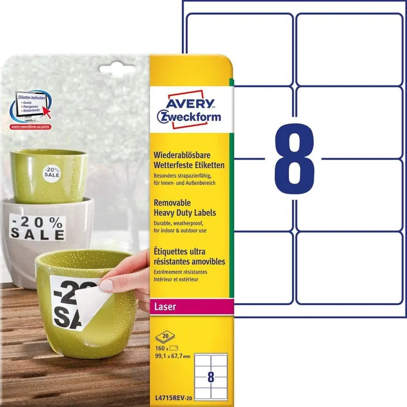 AVERY Zweckform L4715REV-20 Wetterfeste Folien-Etiketten, wiederablösbar (99,1x67,7 mm auf DIN A4, selbstklebend, bedruckbare Outdoor Klebefolie) 160 Aufkleber auf 20 Blatt weiß