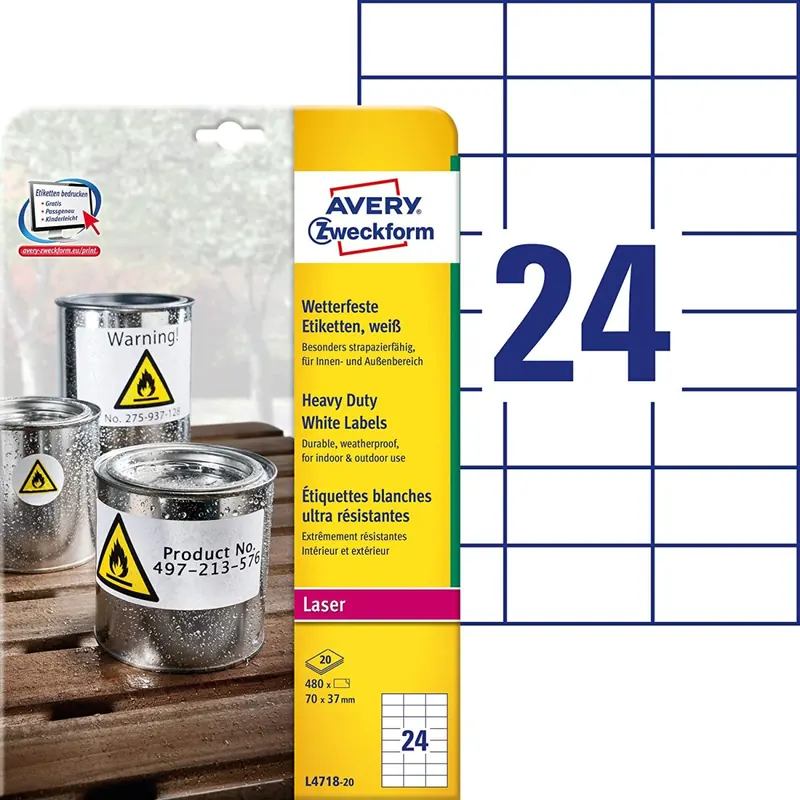 AVERY Zweckform L4718-20 Wetterfeste Folienetiketten (70x37 mm auf DIN A4, extrem stark selbstklebend, wasserfest, bedruckbare Outdoor Klebefolie) 480 Aufkleber auf 20 Blatt weiß