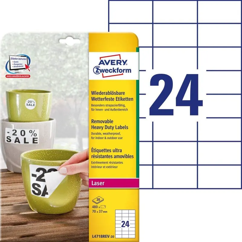 AVERY Zweckform L4718REV-20 Wetterfeste Folien-Etiketten, wiederablösbar (70x37 mm auf DIN A4, selbstklebend, bedruckbare Outdoor Klebefolie) 480 Aufkleber auf 20 Blatt weiß