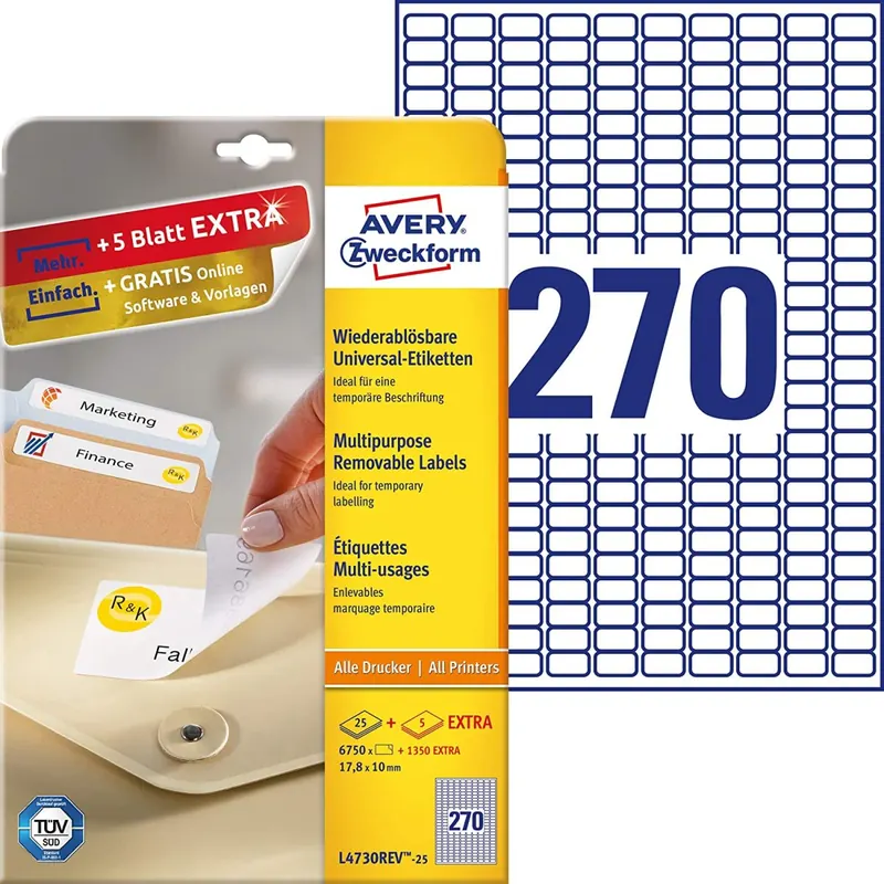 AVERY Zweckform L4730REV-25 Universal Etiketten (6.750 plus 1.350 Klebeetiketten extra, 17,8x10mm auf A4, wieder rückstandsfrei ablösbar/abziehbar, bedruckbar, selbstklebende Aufkleber) 30 Blatt, weiß