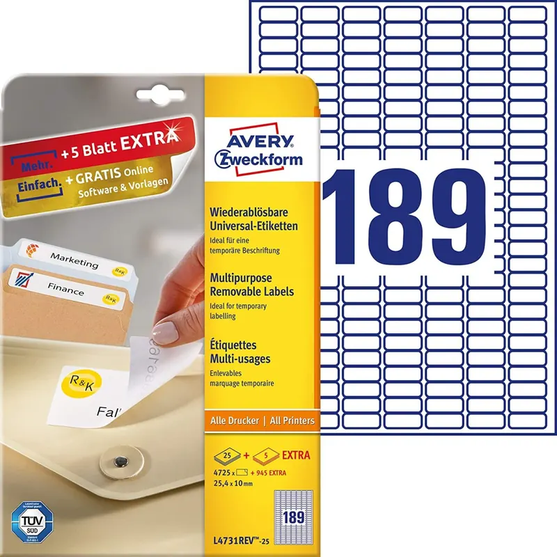 AVERY Zweckform L4731REV-25 Universal Etiketten (4.725 plus 945 Klebeetiketten extra, 25,4x10mm auf A4, wieder rückstandsfrei ablösbar/abziehbar, bedruckbar, selbstklebende Aufkleber) 30 Blatt, weiß