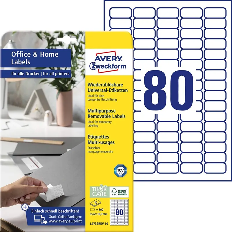 AVERY Zweckform L4732REV-10 Universal Etiketten (800 Klebeetiketten, 35,6x16,9 mm auf A4, wieder rückstandsfrei ablösbar / abziehbar, individuell bedruckbare, selbstklebende Aufkleber) 10 Blatt, weiß