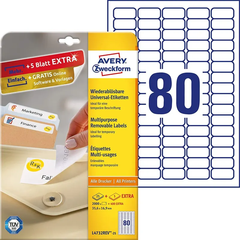 AVERY Zweckform L4732REV-25 Universal Etiketten (2.000 plus 400 Klebeetiketten extra, 35,6x16,9mm auf A4, wieder rückstandsfrei ablösbar/abziehbar, bedruckbar, selbstklebende Aufkleber) 30 Blatt, weiß