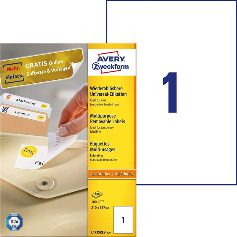 AVERY Zweckform L4735REV-100 Universal Etiketten (100 Klebeetiketten, 210x297mm auf A4, wieder rückstandsfrei ablösbar/abziehbar, individuell bedruckbare, selbstklebende Aufkleber) 100 Blatt, weiß
