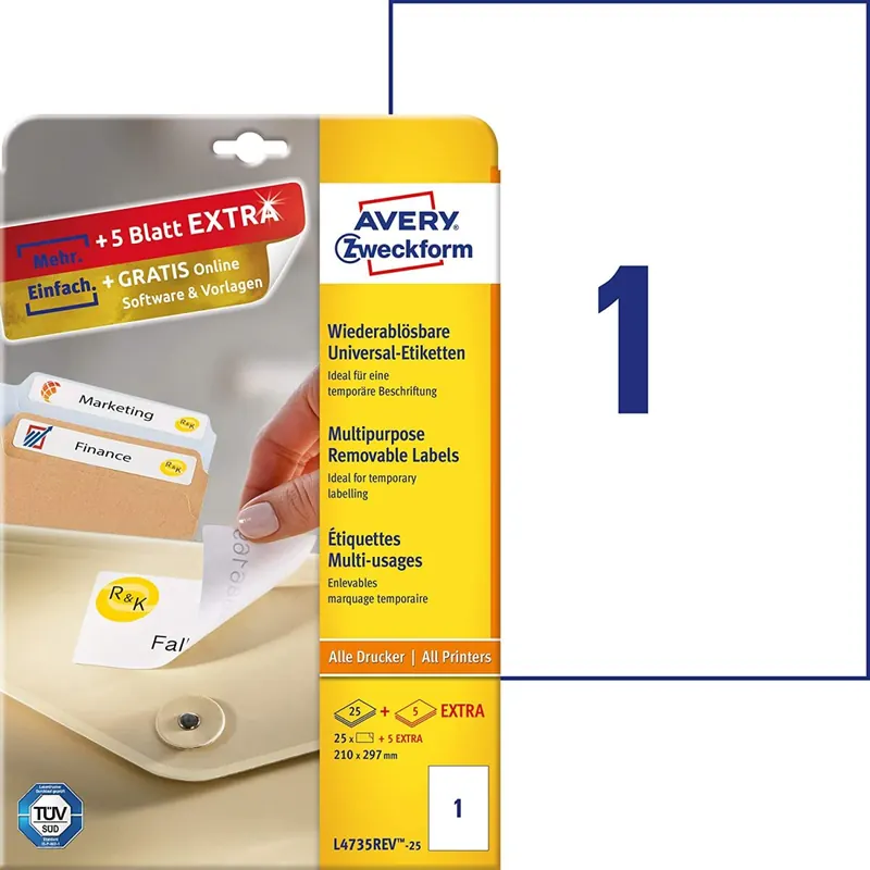 AVERY Zweckform L4735REV-25 Universal Etiketten (25 plus 5 Klebeetiketten extra, 210x297mm auf A4, wieder rückstandsfrei ablösbar/abziehbar, bedruckbar, selbstklebende Aufkleber) 30 Blatt, weiß