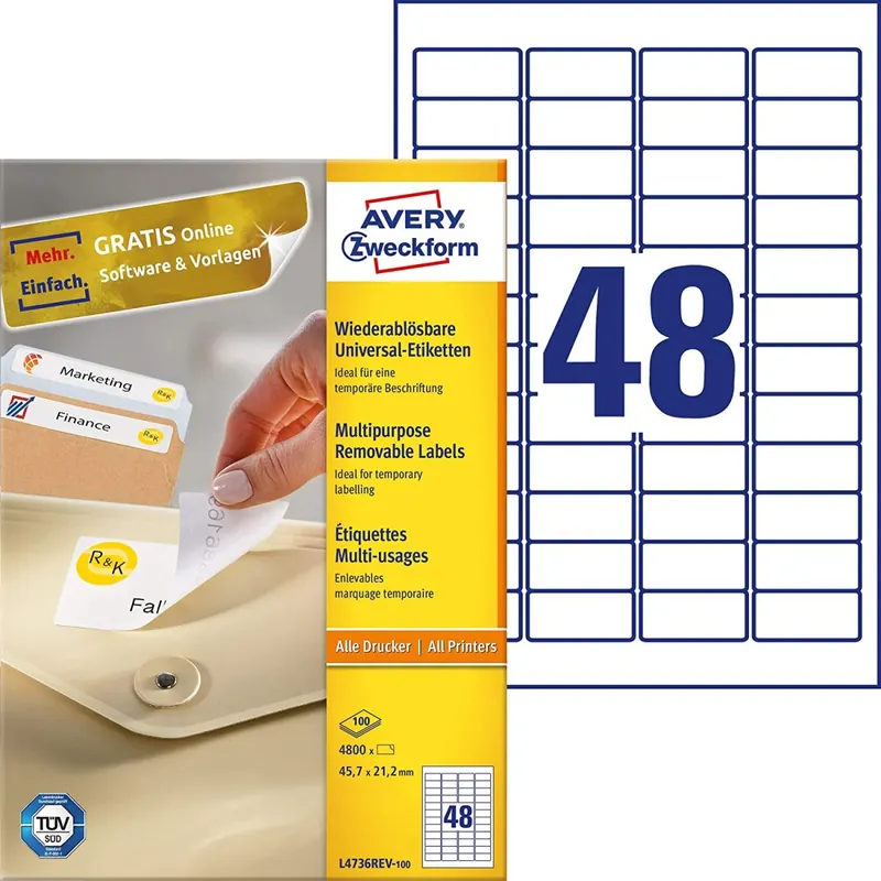 AVERY Zweckform L4736REV-100 Universal Etiketten (4.800 Klebeetiketten, 45,7x21,2mm auf A4, wieder rückstandsfrei ablösbar/abziehbar, individuell bedruckbare, selbstklebende Aufkleber) 100 Blatt, weiß