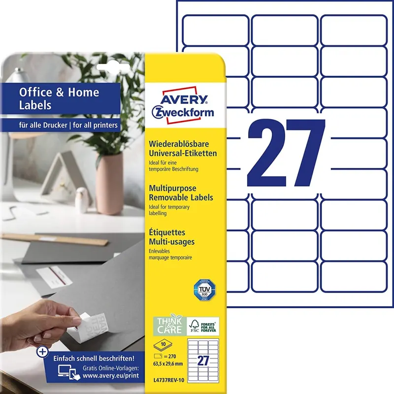 AVERY Zweckform L4737REV-10 Universal Etiketten (270 Klebeetiketten, 63,5x29,6 mm auf A4, wieder rückstandsfrei ablösbar / abziehbar, individuell bedruckbare, selbstklebende Aufkleber) 10 Blatt, weiß