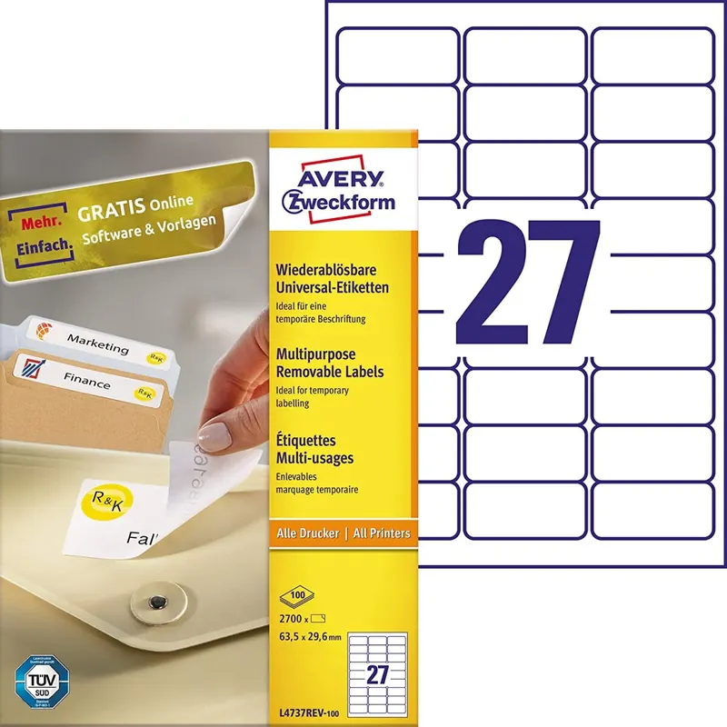 AVERY Zweckform L4737REV-100 Universal Etiketten (2.700 Klebeetiketten, 63,5x29,6mm auf A4, wieder rückstandsfrei ablösbar/abziehbar, individuell bedruckbare, selbstklebende Aufkleber) 100 Blatt, weiß