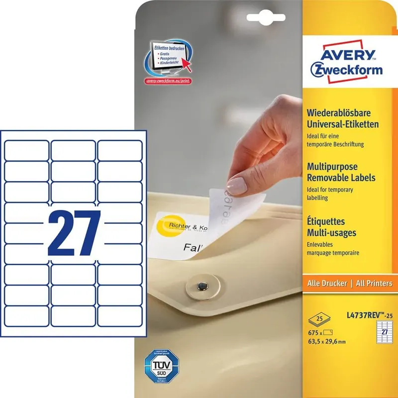 AVERY Zweckform L4737REV-25 Universal Etiketten (675 plus 135 Klebeetiketten extra, 63,5x29,6mm auf A4, wieder rückstandsfrei ablösbar/abziehbar, bedruckbar, selbstklebende Afukleber) 30 Blatt, weiß