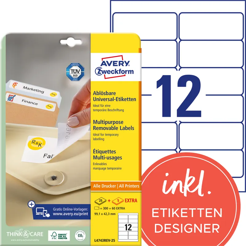 AVERY Zweckform L4743REV-25 Universal Etiketten (300 plus 60 Klebeetiketten extra, 99,1x42,3mm auf A4, wieder rückstandsfrei ablösbar/abziehbar, bedruckbar, selbstklebende Aufkleber) 30 Blatt, weiß