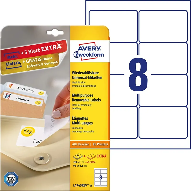 AVERY Zweckform L4745REV-25 Universal Etiketten (200 plus 40 Klebeetiketten extra, 96x63,5mm auf A4, wieder rückstandsfrei ablösbar/abziehbar, bedruckbar, selbstklebende Aufkleber) 30 Blatt, weiß