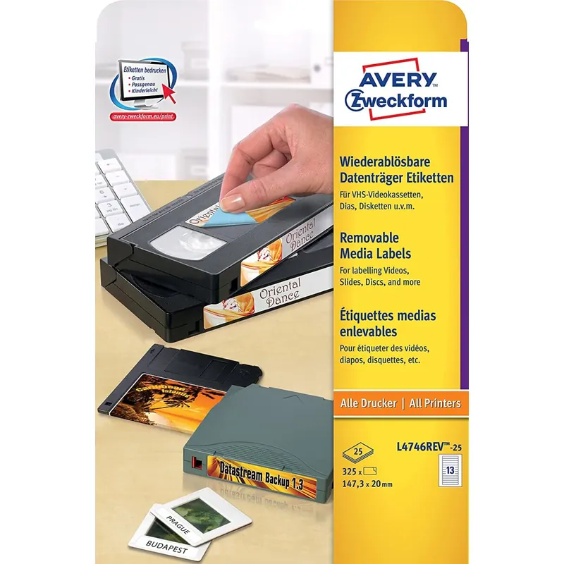 AVERY Zweckform L4746REV-25 Etiketten für VHS-Videokassetten (A4, 325 Stück, 147,3 x 20 mm, 25 Blatt) weiß