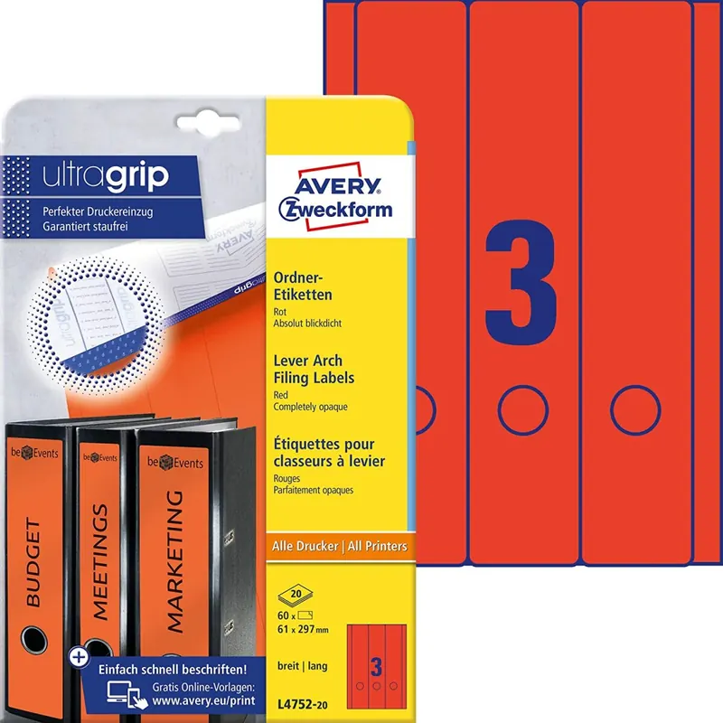 AVERY Zweckform L4752-20 Ordnerrücken Etiketten (mit ultragrip, 61 x 297 mm auf DIN A4, breit/lang, selbstklebend, blickdicht, bedruckbare Ordneretiketten, 60 Rückenschilder auf 20 Blatt) rot