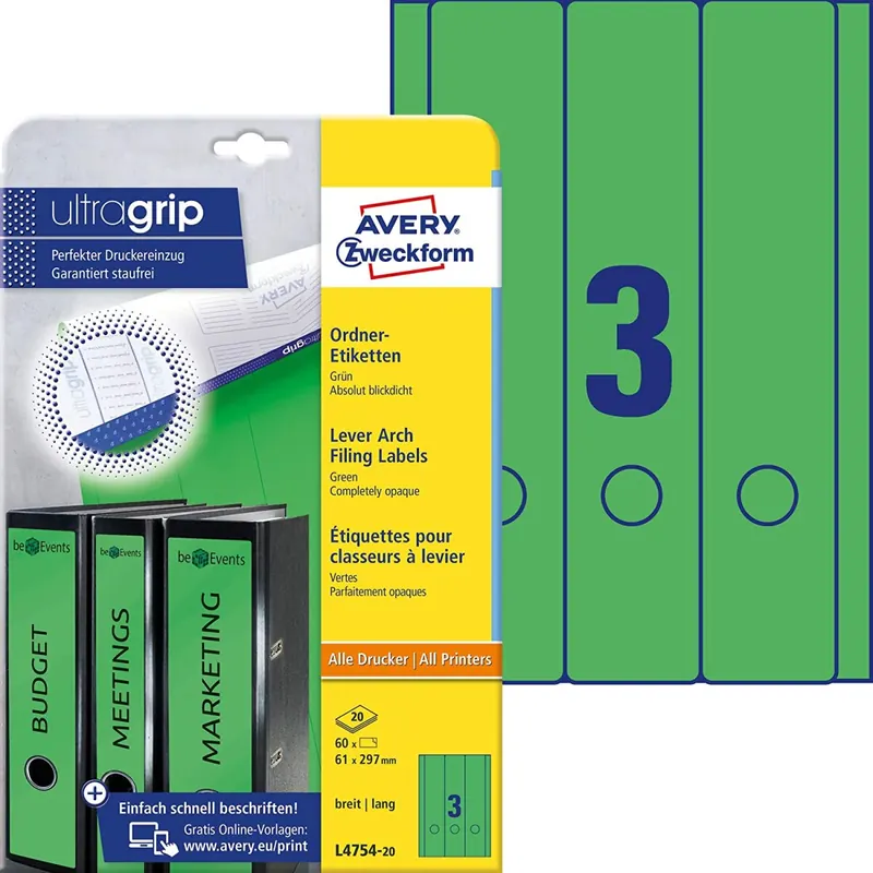 AVERY Zweckform L4754-20 Ordnerrücken Etiketten (mit ultragrip, 61 x 297 mm auf DIN A4, breit/lang, selbstklebend, blickdicht, bedruckbare Ordneretiketten, 60 Rückenschilder 20 Blatt) grün