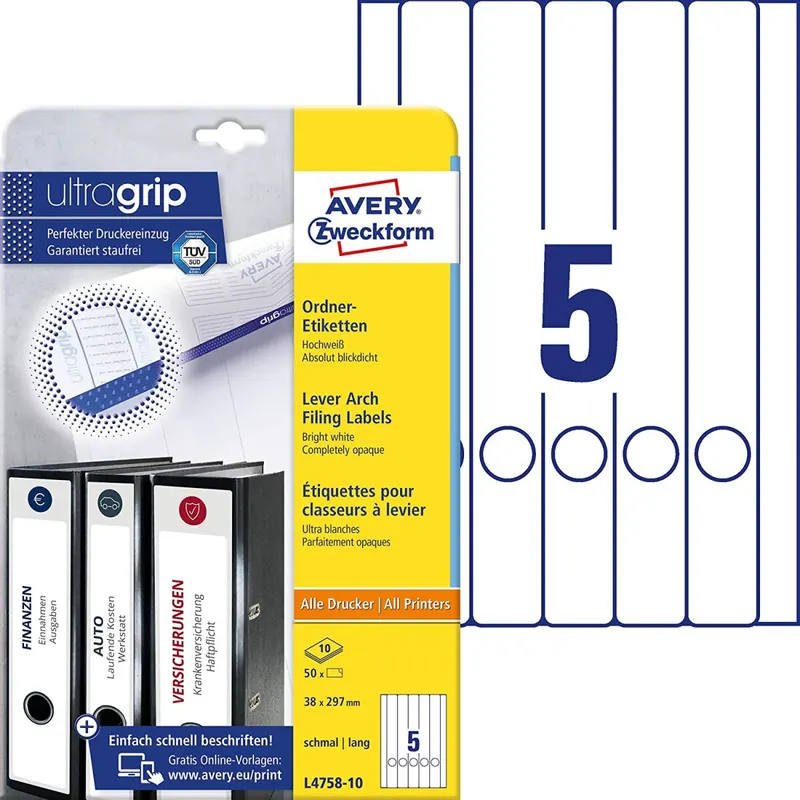AVERY Zweckform L4758-10 Ordnerrücken Etiketten (mit ultragrip, 38 x 297 mm auf DIN A4, schmal/lang, selbstklebend, blickdicht, bedruckbare Ordneretiketten, 50 Rückenschilder auf 10 Blatt) weiß