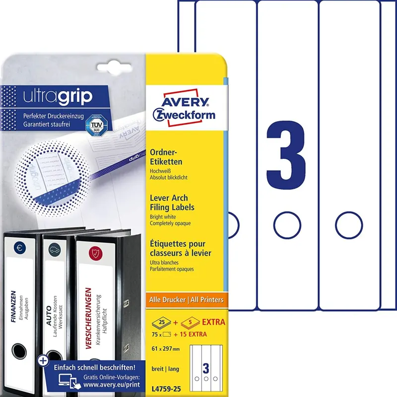 AVERY Zweckform L4759-25 Ordnerrücken Etiketten (mit ultragrip, 61 x 297 mm auf DIN A4, breit/lang, selbstklebend, blickdicht, bedruckbare Ordneretiketten,90 Rückenschilder auf 30 Blatt) weiß