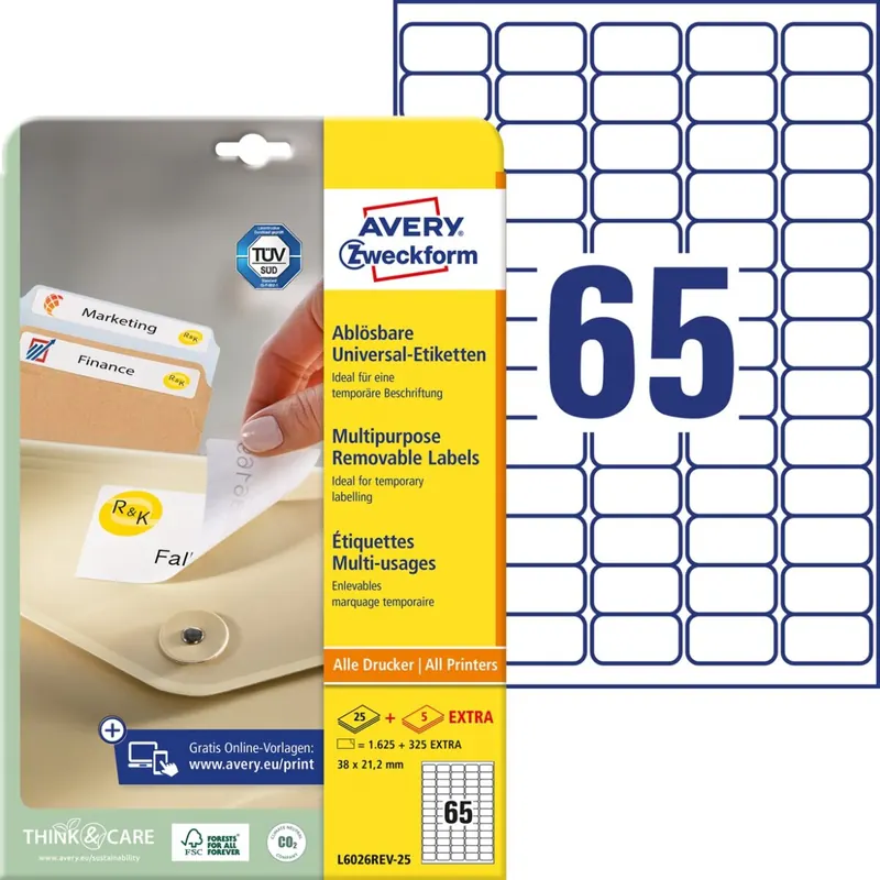 Avery Zweckform L6026REV-25 Universal-Etiketten, A4, 38,1 x 21,2 mm, 30 Bogen/1.950 Etiketten, weiß