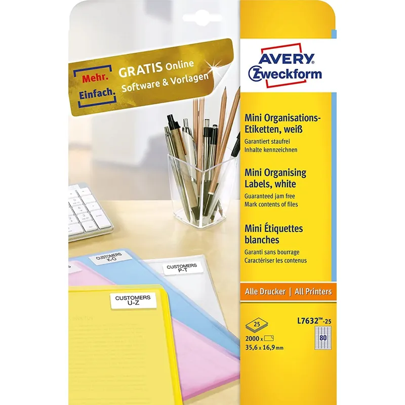 AVERY Zweckform L7632-25 Mini-Organisations-Etiketten (2.000 Stück, 35,6 x 16,9 mm, 25 Blatt) weiß