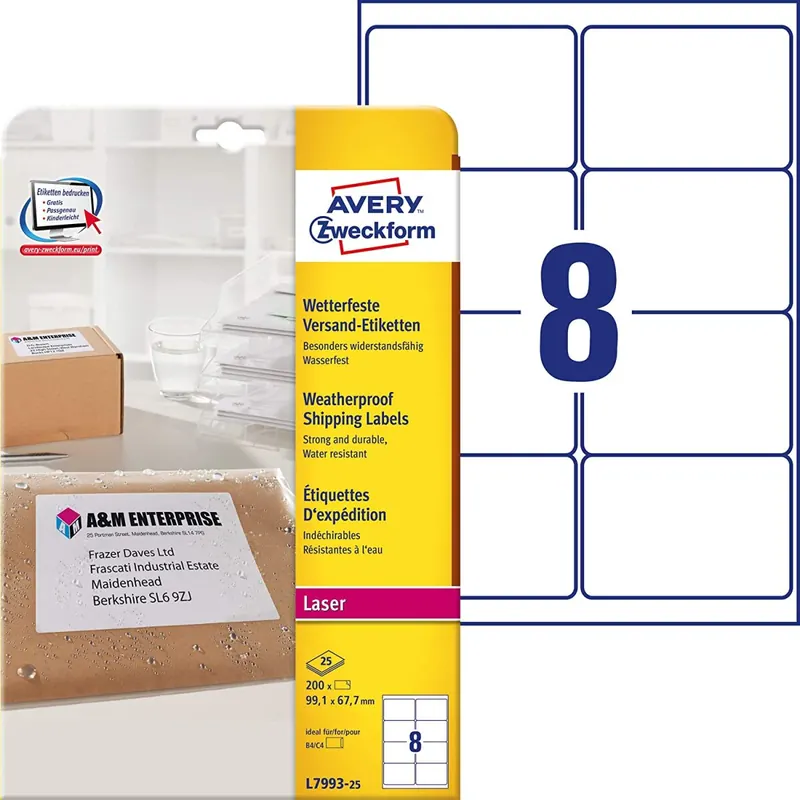 AVERY Zweckform L7993-25 Versand-Etiketten (A4, 200 Stück, 99,1 x 67,7 mm, 25 Blatt) weiß