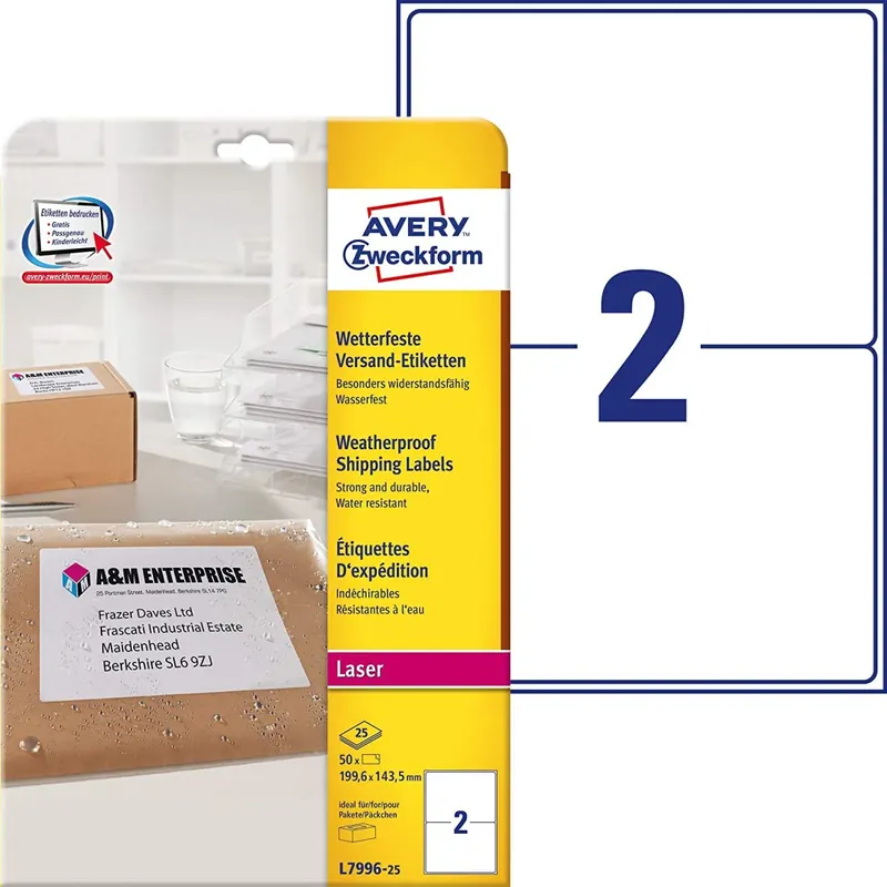 AVERY Zweckform L7996-25 Versand-Etiketten (A4, 50 Stück, 199,6 x 143,5 mm, 25 Blatt) weiß