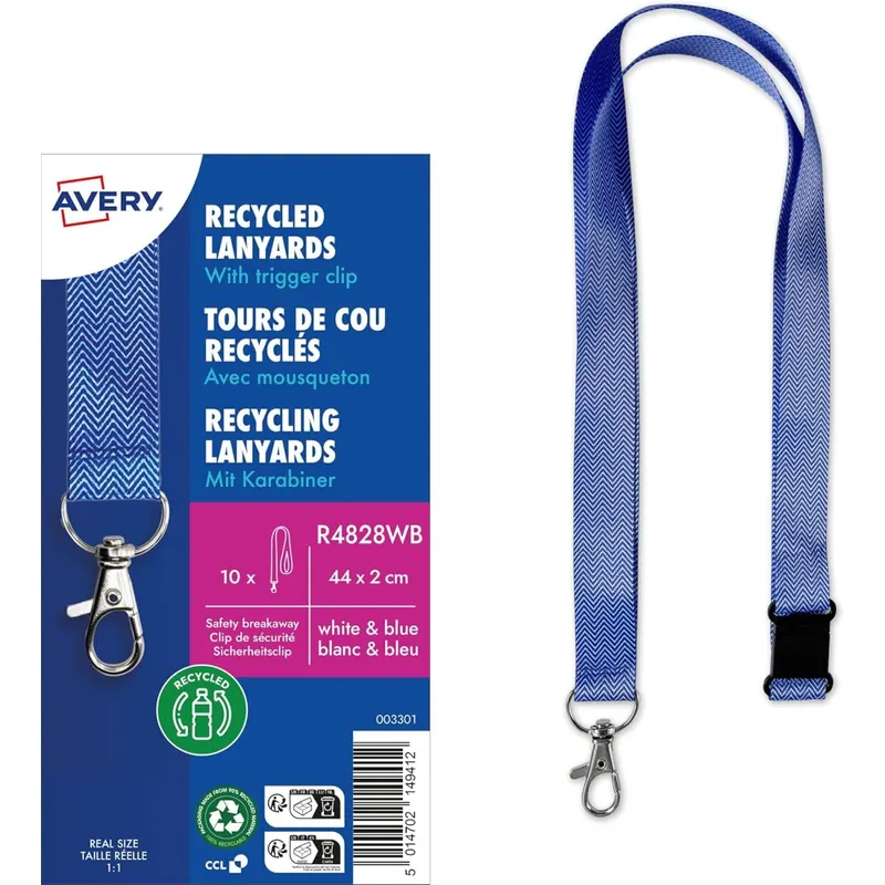 AVERY Zweckform R4828WB Schlüsselband 10 Stück (44x2cm, Lanyard, Kartenhalter mit Karabinerhaken/Sicherheitsverschluss, für Ausweishülle, Kartenhülle, Namenschilder, Umhängeband, Nackenband) blau-weiß