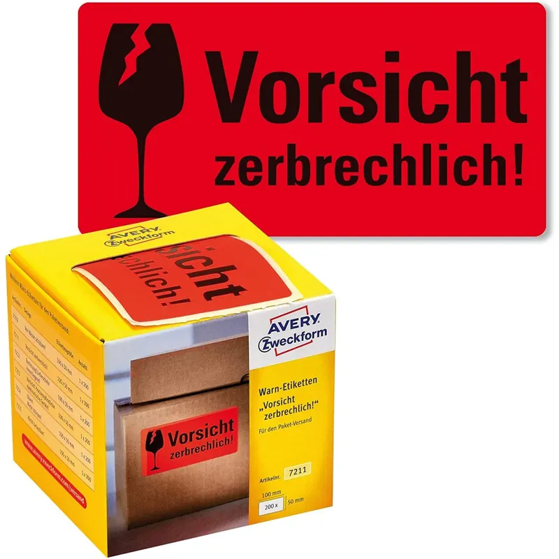 AVERY Zweckform Warnetiketten 7211 Vorsicht zerbrechlich (neon rot, 100 x 50 mm, 200 Etiketten auf Rolle) im Kartonspender