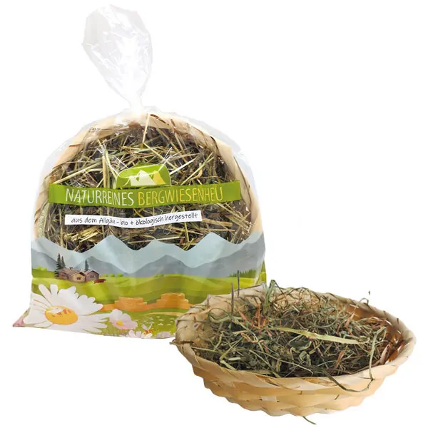 Bambuskorb gefüllt mit Bergwiesenheu Heu aus dem Allgäu 20cm Durchmesser 7cm Höhe