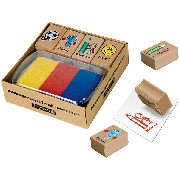 Belohnungsstempel Brunnen 4868901 - Fußball, Glühbirne, Stift, Smiley mit Stempelkissen Holz 4er-Set